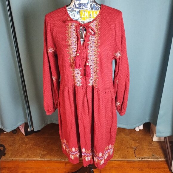 Knox Rose Embroidered Tassel tie boho long sleeve dress. - Picture 3 of 6